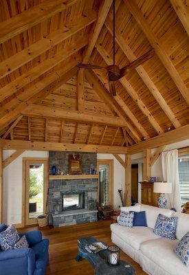 Normerica Timber Frame, Architects & Builders, Collaboration, Lakeside Cottage, Georgian Bay, Living Room, Fireplace