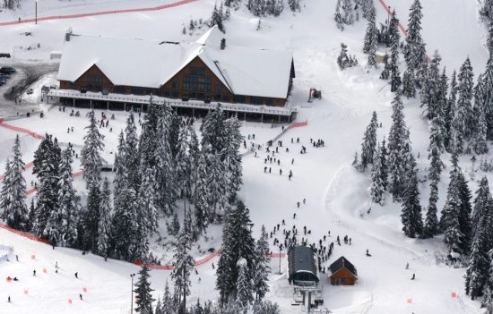 Normerica Timber Frame, Commercial Project, Cypress Mountain Day Lodge, Ski Resort, West Vancouver, British Columbia, Exterior, Aerial View