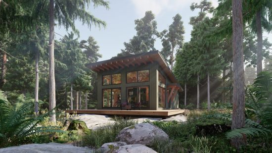 Bunkie Cabin Mono Slope Roof House Plans The Buckhorn 4133 Exterior Rear Side View Window Wall Normerica Timber Homes