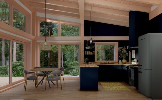 Bunkie Cabin Mono Slope Roof House Plans The Buckhorn 4133 Interior Kitchen Dining Room Nook Window Wall Normerica Timber Homes