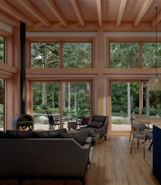 Bunkie Cabin Mono Slope Roof House Plans The Buckhorn 4133 Interior Living Fireplace Dining Room Window Wall Normerica Timber Homes